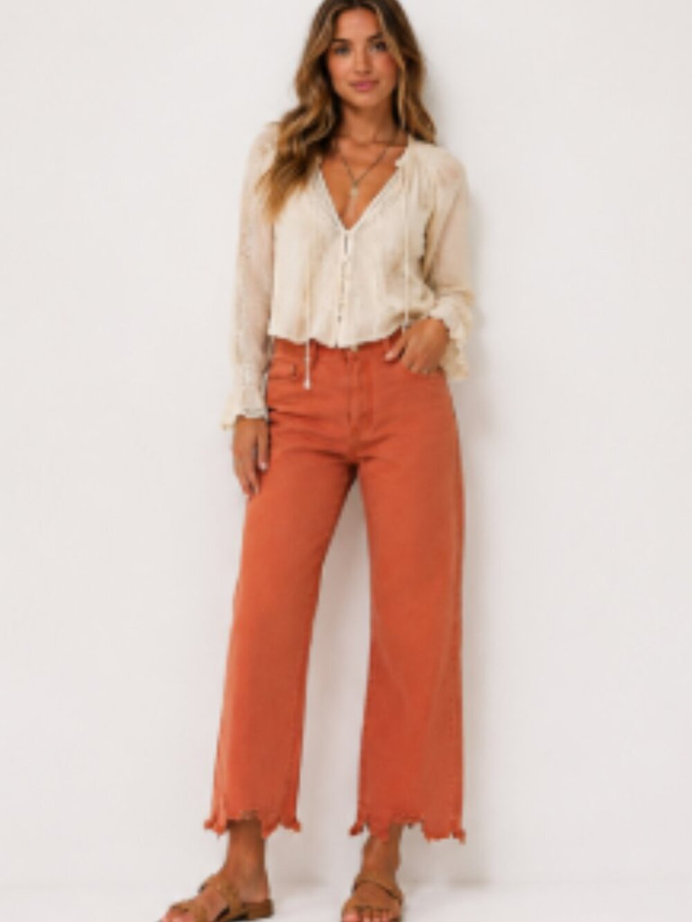 Free People Rolling on the River Jeans Terracotta Frayed Hem High Rise Boho 28